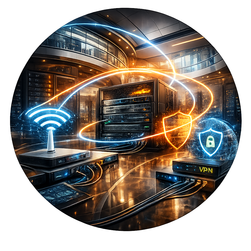 Moderne Netzwerktechnik für Unternehmen mit WLAN, Firewall und sicherer Datenverbindung