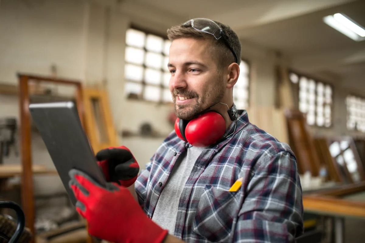 Handwerker nutzt Tablet in der Werkstatt zur digitalen Organisation und IT-gestützten Arbeitsplanung