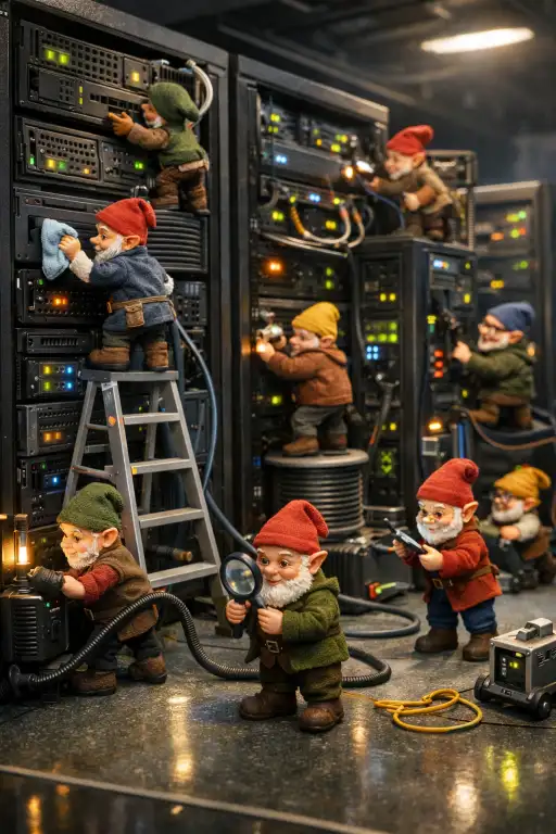 Symbolbild für IT-Monitoring: Techniker überwachen nachts Server in einem Rechenzentrum