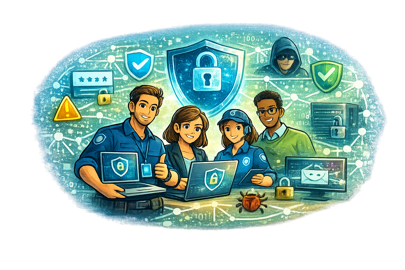 IT-Sicherheit mit Team, Schutzsymbolen und Geräten