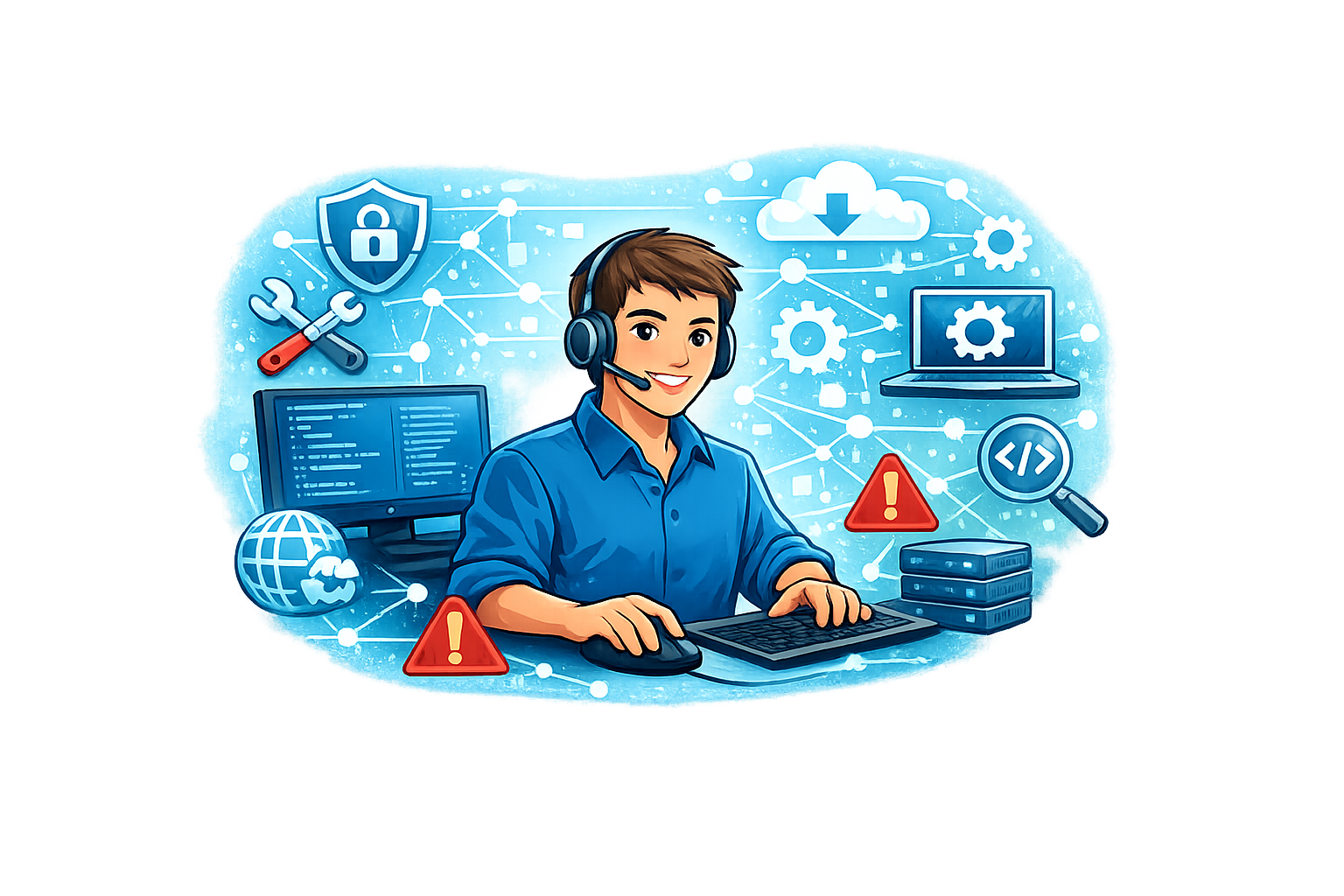 IT-Support-Mitarbeiter am Helpdesk mit Symbolen für IT-Sicherheit, Netzwerk und digitale Unterstützung