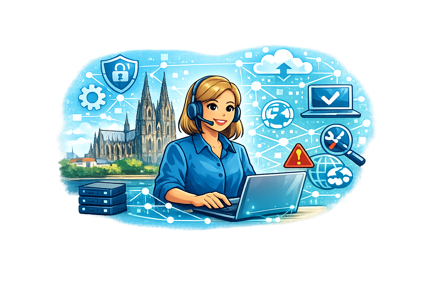 IT-Support in Köln – Helpdesk-Mitarbeiterin mit Symbolen für IT-Sicherheit, Netzwerk und digitale Unterstützung