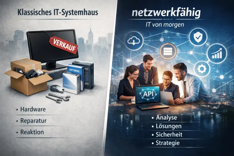 Gegenüberstellung: klassisches IT-Systemhaus mit Hardware-Verkauf vs. strategischer IT-Partner mit Analyse und Sicherheit