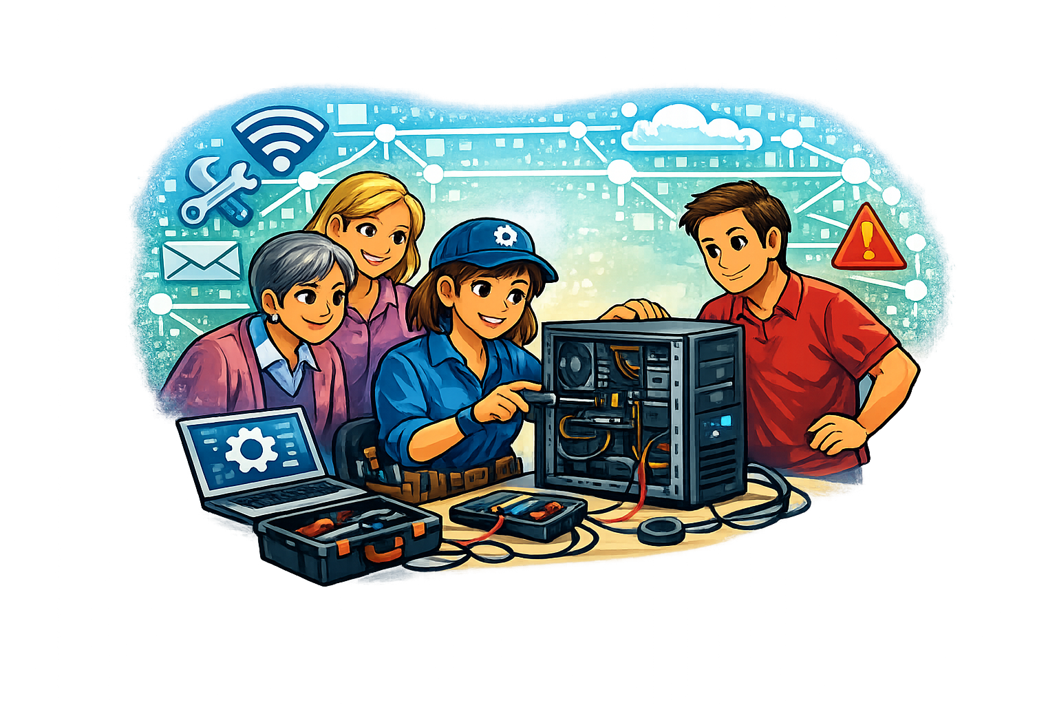 Vor-Ort-IT-Service mit Technikerin und Arbeitsplatz in Langenfeld