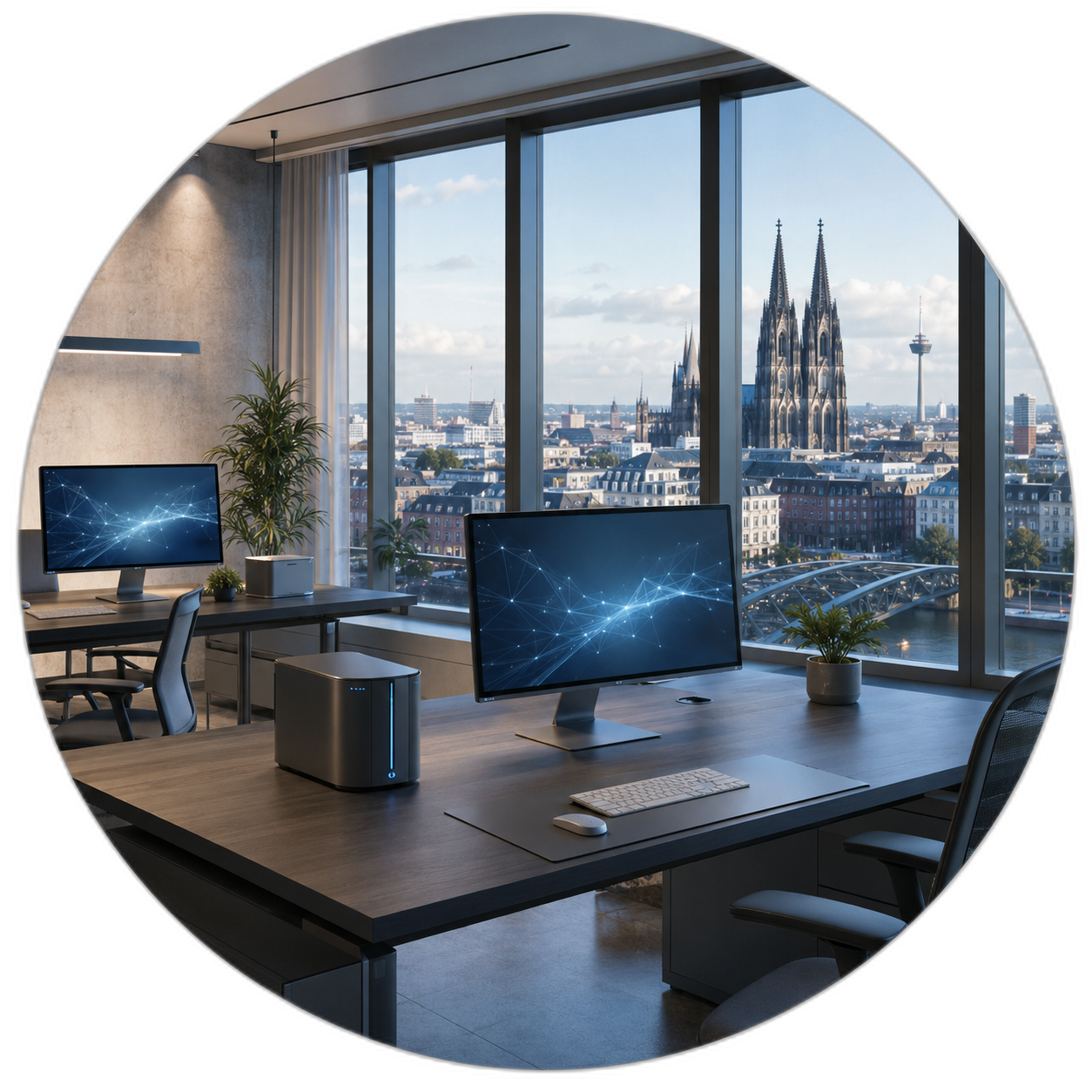 Moderner IT-Arbeitsplatz in einem Büro mit Blick auf den Kölner Dom