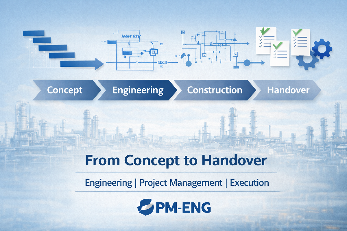 Infografik mit den Projektphasen Concept, Engineering, Construction und Handover sowie dem Slogan „From Concept to Handover“ von PM-ENG.