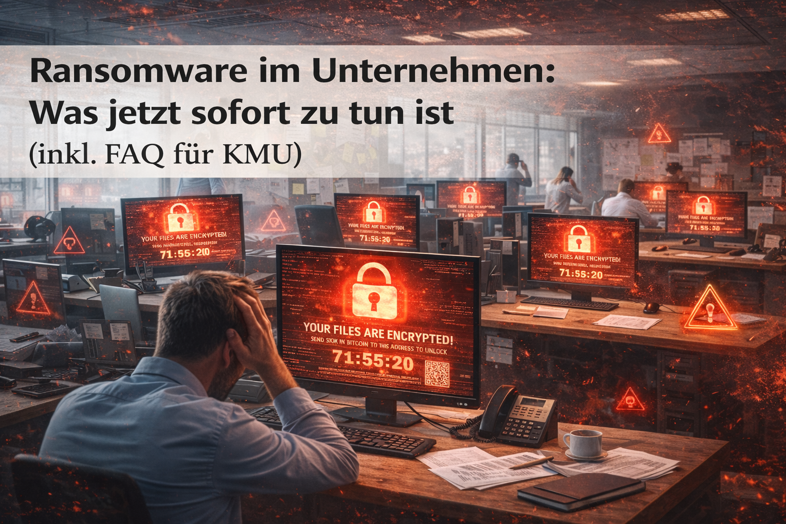 Ransomware-Angriff im Unternehmen: Mehrere Bildschirme zeigen Verschlüsselungswarnungen, während Mitarbeitende unter Stress reagieren.
