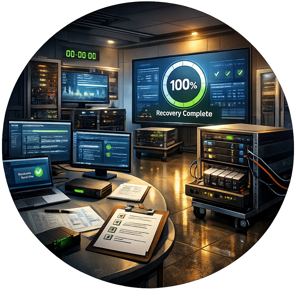 Illustration für regelmäßige Disaster-Recovery-Tests und dokumentierte Wiederherstellung im Unternehmen