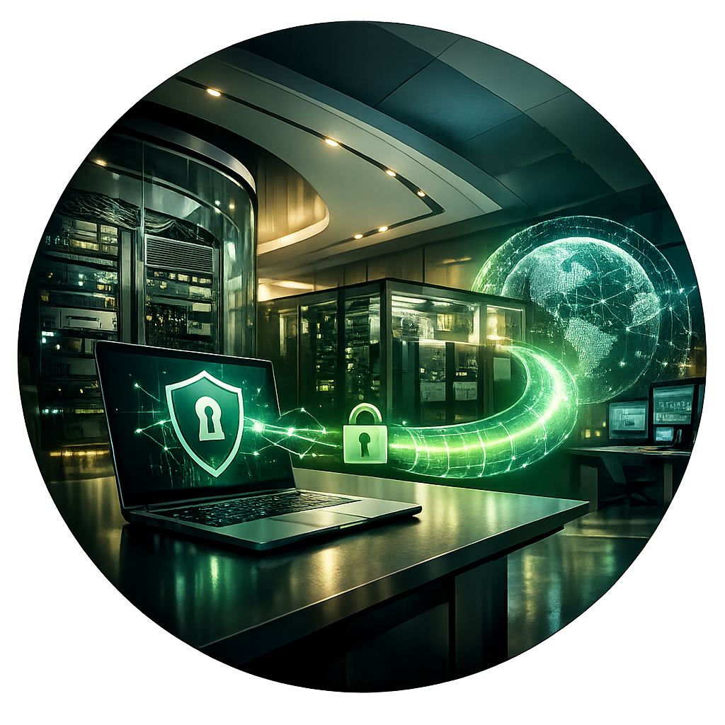 Sichere Remote-VPN-Verbindung für mobiles Arbeiten mit geschütztem Notebook-Zugriff auf Unternehmensnetzwerk