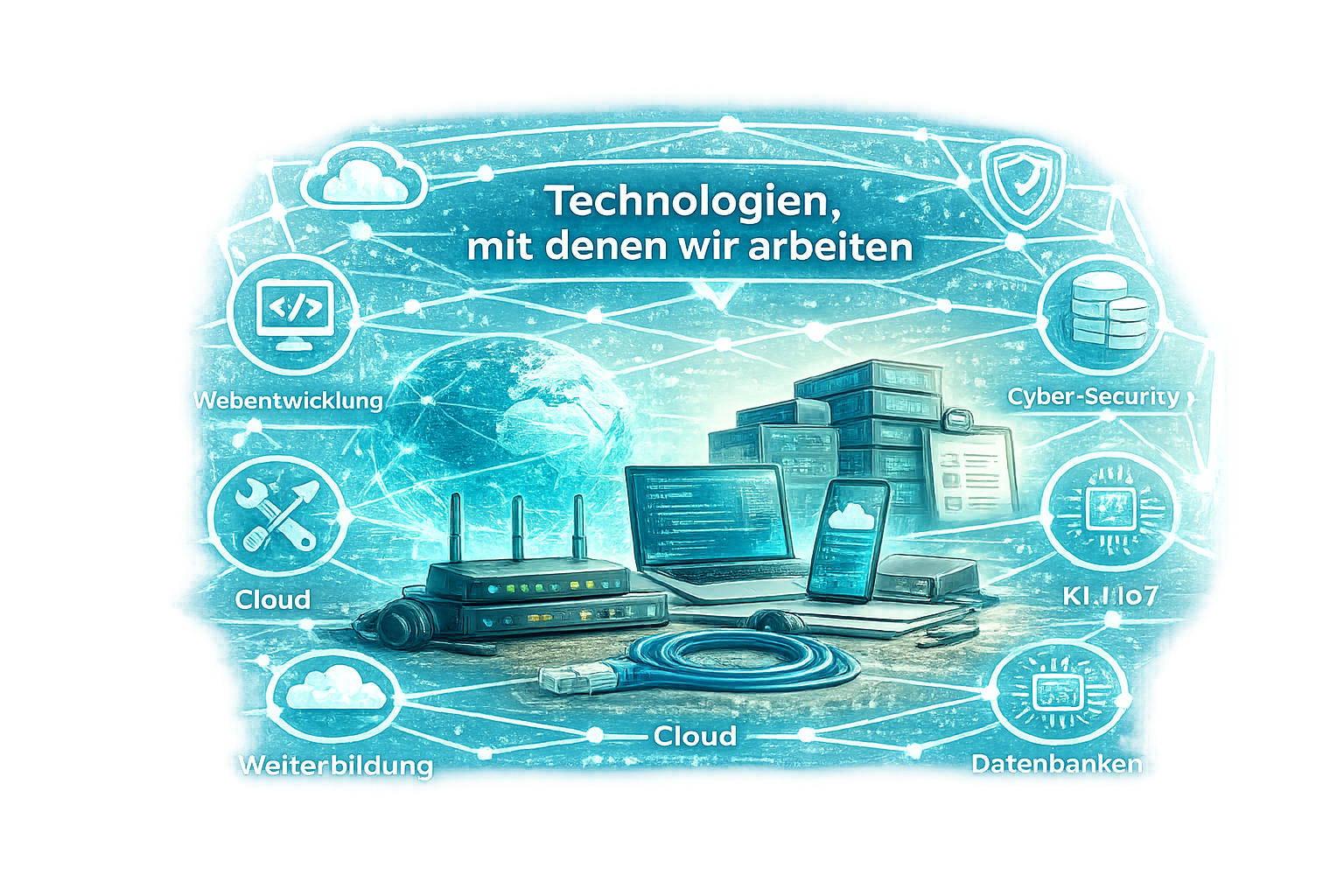 Illustration mit Servern, Laptop und digitalen Symbolen für moderne IT-Technologien und vernetzte Unternehmens-IT