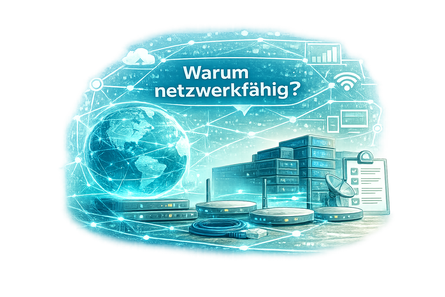 Illustration mit Server, Schutzsymbolen und digitaler Vernetzung zum Thema IT-Betreuung und IT-Sicherheit
