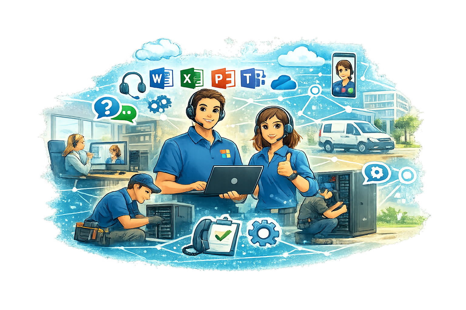 IT-Team mit Symbolen für Support, Zusammenarbeit und digitale Betreuung