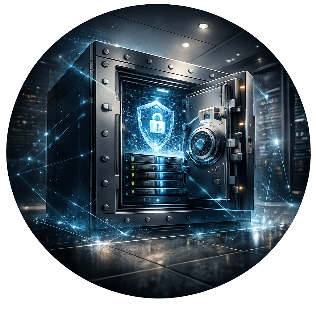 Illustration eines geschützten Datentresors als Symbol für Immutable Backup und unveränderbare Datensicherung im Unternehmen