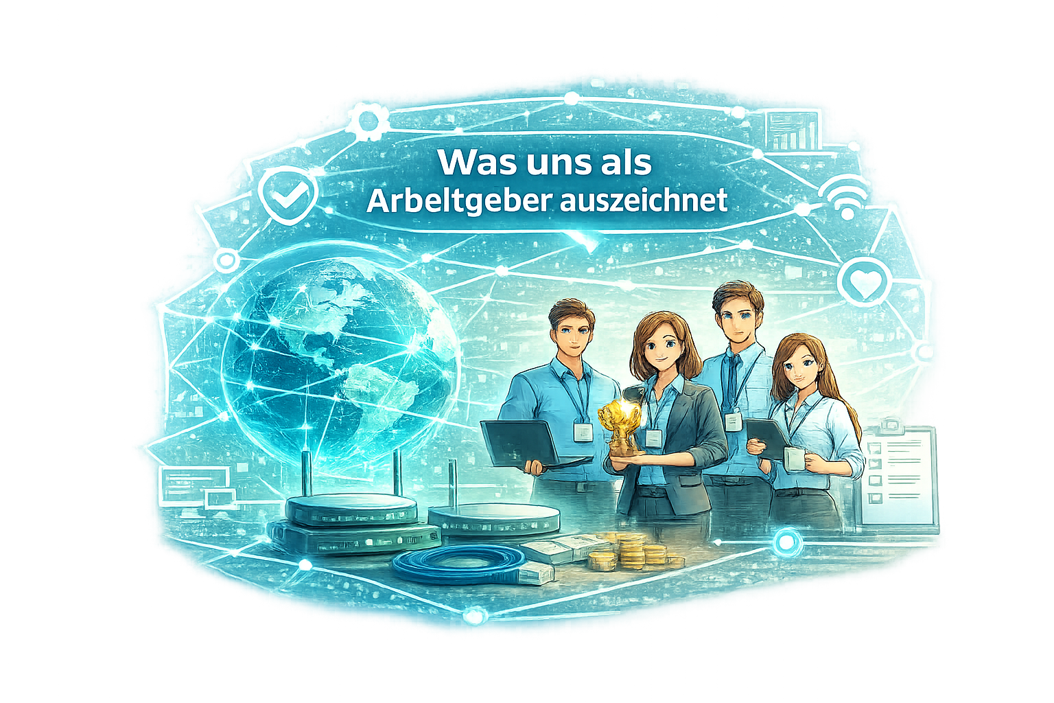 Illustration eines IT-Teams mit mehreren Mitarbeitenden, Laptop und digitalen Netzwerksymbolen für modernes Arbeiten in der IT