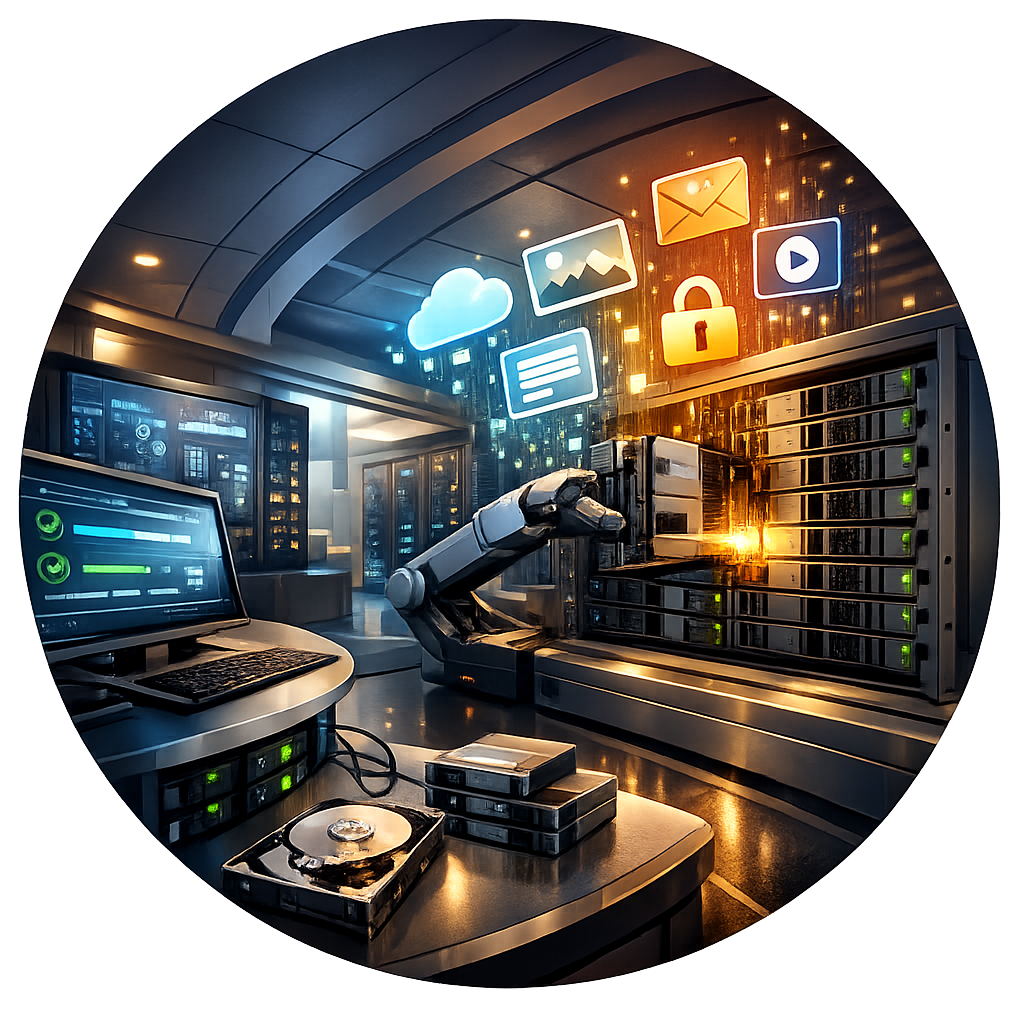 Illustration einer gesicherten IT-Umgebung mit Servern, Datenträgern und Sicherheitssymbolen als Symbol für wichtige Unternehmensdaten im Backup