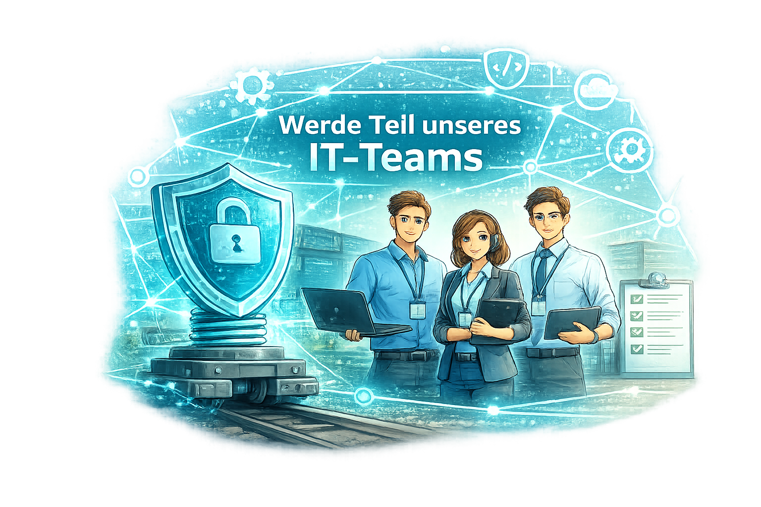 Illustration für IT-Jobs mit Mitarbeitenden, Laptop, Schutzschild und digitalen Netzwerksymbolen