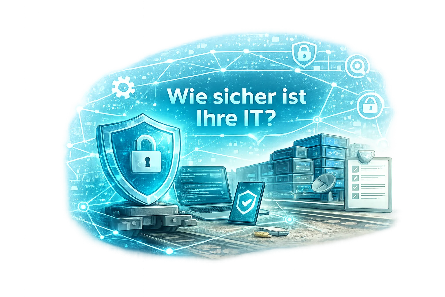 Illustration zur IT-Sicherheit mit Schutzschild, Laptop, Smartphone, Servern und dem Schriftzug „Wie sicher ist Ihre IT?“