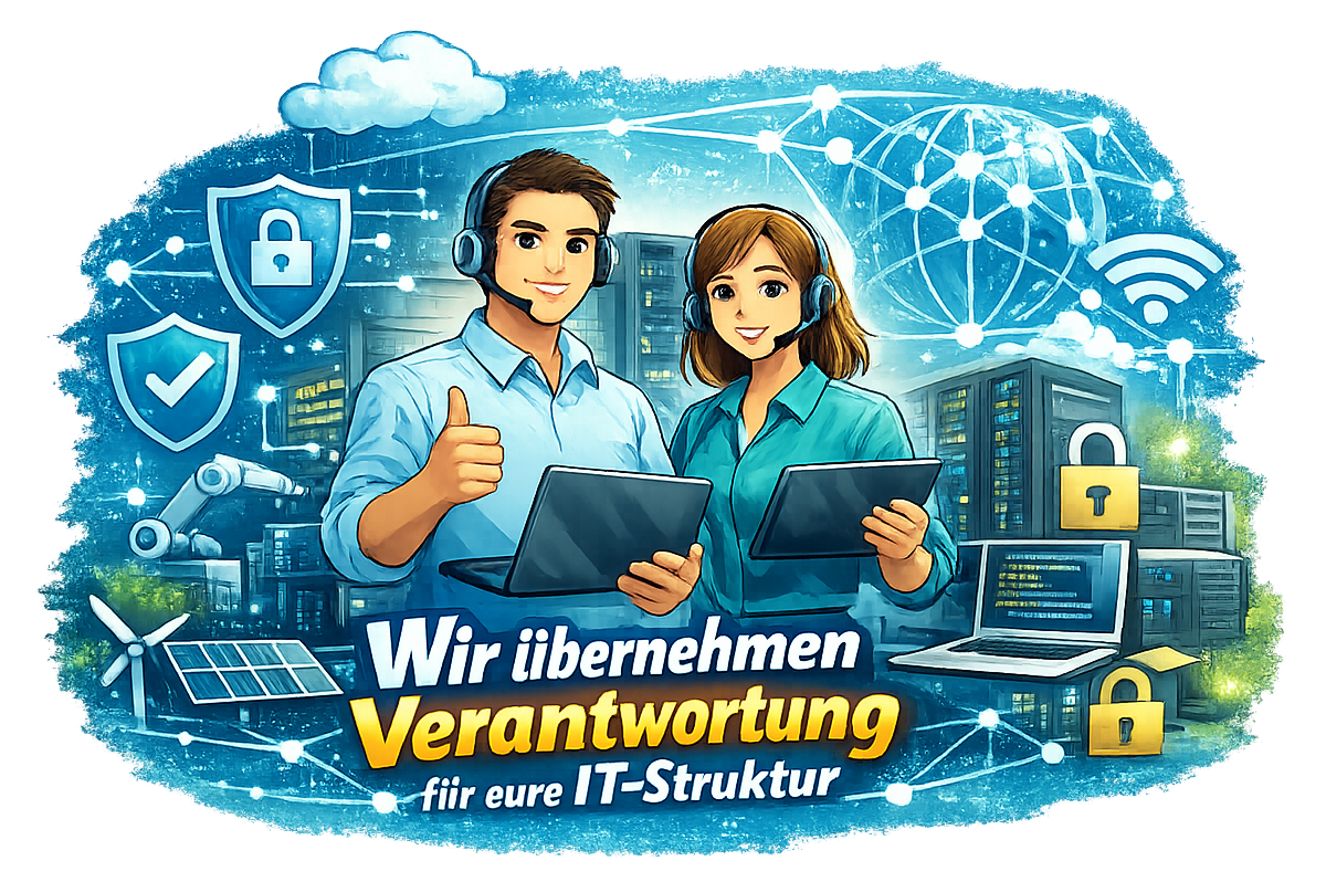 Illustration von zwei IT-Fachkräften vor vernetzter digitaler Infrastruktur mit dem Text „Wir übernehmen Verantwortung für eure IT-Struktur“